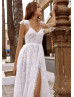 Bow Tulle Straps Ivory Lace Split Wedding Dress